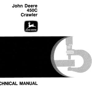 Könnte beinhalten: Schwarz-weißes technisches Handbuchcover für einen John Deere 450C Crawler. Das Cover enthält das John Deere-Logo, den Text "John Deere 450C Crawler" und die Worte "TECHNICAL MANUAL".