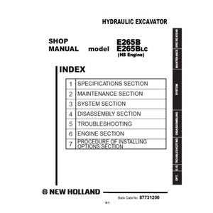 Op de afbeelding: Een werkplaatshandboek voor een hydraulische graafmachine, met modelnummers E265B en E265BLc. De index bevat secties zoals specificaties, onderhoud, systeem, demontage, probleemoplossing, motor en opties. Het New Holland-logo staat onderaan.