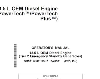 John Deere 13.5L OEM Diesel Engine (Tier 2 Emergency Standby Generators) Maintenance and Operator Manual OMDZ114317 PDF