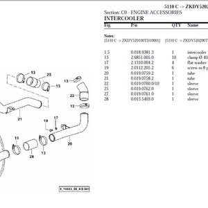 May include: An exploded diagram of an intercooler and related engine accessories. The image is a black and white technical drawing with labels and part numbers. Components include tubes, clamps, and washers.