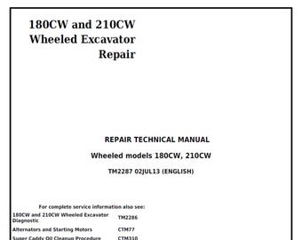 John Deere 180CW and 210CW Wheeled Excavator Repair Technical Manual TM2287 PDF
