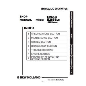 Puede incluir: Manual de taller blanco para una excavadora hidráulica. El manual incluye un índice con secciones para especificaciones, mantenimiento, sistema, desmontaje, solución de problemas, motor y opciones. Los números de modelo son E265B y E265BLc (HS Engine).
