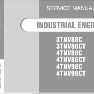 Puede incluir: Una portada de manual de servicio con el título "INDUSTRIAL ENGINES" en un rectángulo blanco redondeado. Debajo del título están los números de modelo del motor: 3TNV88C, 3TNV86CT, 4TNV88C, 4TNV86CT, 4TNV98C y 4TNV98CT. El fondo es gris claro.