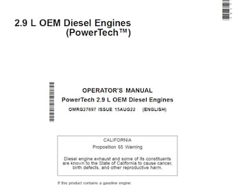 John Deere PowerTech PowerTech 2.9 L OEM Diesel Engines Maintenance and Operator Manual OMRG27897 PDF