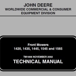 Könnte beinhalten: Ein technisches Handbuch von John Deere für Frontmäher. Das Cover ist grau mit schwarzem Text und einem schwarzen Rechteck mit dem Text "Front Mowers" und Mähermodellnummern. Das Handbuch ist mit TM1806, November 2002 gekennzeichnet.