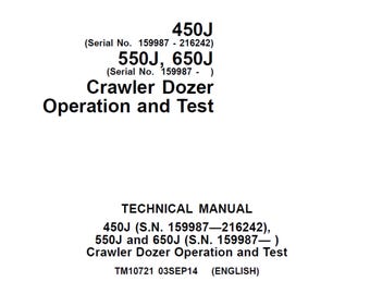 John Deere 450J 550J 650J Crawler Dozer Repair Operation Test Manual TM10721 PDF