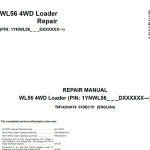 Puede incluir: Manual de reparación blanco para una cargadora WL56 4WD. La portada incluye el texto "WL56 4WD Loader Repair" y "REPAIR MANUAL". El manual también incluye el número PIN y la fecha 01DEC18.