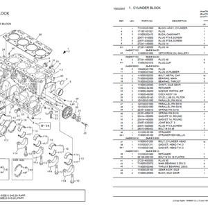以下が含まれることがあります： シリンダーブロックの分解図。エンジン部品が多数表示され、部品リストも含まれています。図には「Fig. 1 CYLINDER BLOCK」と記載されています。白黒で、詳細な部品番号が示されています。