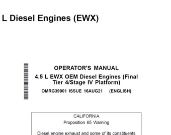 John Deere 4.5L EWX OEM Diesel Engine (Final Tier 4 Stage IV Platform) Maintenance and Operator Manual OMRG39901 PdF