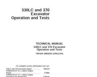 John Deere 330LC and 370 Excavator Operation and Tests Technical Manual TM1669 PDF
