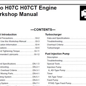 May include: A workshop manual for the Hino H07C H07CT engine. The manual's table of contents includes sections on the engine, turbocharger, and fuel injection pump. The cover features the title and a black and white logo.