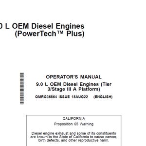 Könnte beinhalten: Weißes Dokument mit der Aufschrift "9.0 L OEM Diesel Engines (PowerTech Plus)" und "OPERATOR'S MANUAL". Enthält einen Warnhinweis zu Dieselmotoremissionen und Gesundheitsrisiken.