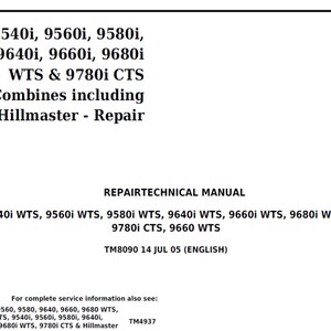 Puede incluir: Documento blanco con texto negro. El texto incluye números de modelo como 9540i, 9560i y 9580i, junto con las palabras "REPAIRTECHNICAL MANUAL" y "ENGLISH". Es un manual de reparación.