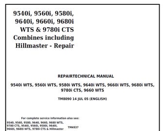 John Deere 9540 9560 9580 9640 9660 9680i WTS and 9780i CTS including Hillmaster Combines Repair Technical Manual TM8090 PDF