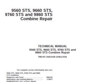 John Deere 9560 STS 9660 STS 9760 StS and 9860 STS Combine Repair Technical Manual TM134054 PdF