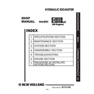 New Holland E385B and E385BLC Serial Number Book Code 87731198 Hydraulic Excavator Workshop Service Manual PDF