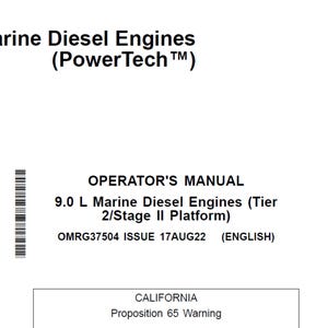 Könnte beinhalten: Ein weißes Dokument mit schwarzem Text. Der Titel lautet "9.0 L Marine Diesel Engines (PowerTech™)". Darunter steht "OPERATOR'S MANUAL" und "9.0 L Marine Diesel Engines (Tier 2/Stage II Platform)". Unten befindet sich ein California Proposition 65 Warning.