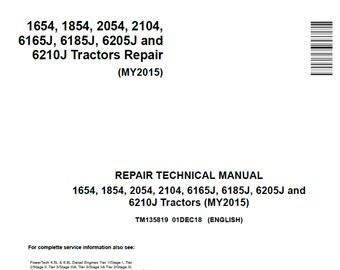 John Deere 1654 1854 2054 2104 6165J 6185J 6205J und 6210J Traktoren Reparatur Technisches Handbuch TM135819 PDF 1