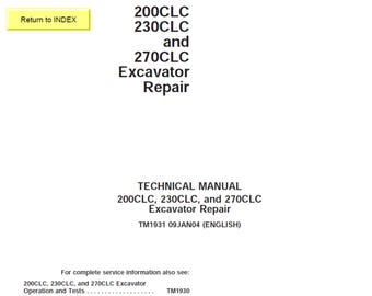 John Deere 200CLC, 230CLC and 270CLC Excavator Repair Technical Manual TM1931 PDF
