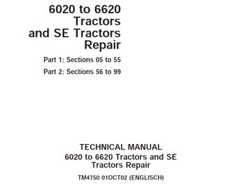 Manual técnico de reparación de tractores John Deere 6020, 6120, 6220, 6320, 6420, 6420S, 6520 y 6620 y tractores SE (TM4750, PDF)