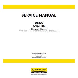 Peut inclure: Une couverture de manuel de service blanche avec des barres horizontales jaunes en haut et en bas. Le titre "SERVICE MANUAL" est en haut, avec "D125C Stage IIIB Crawler Dozer" en dessous. Le logo New Holland Construction est en bas.