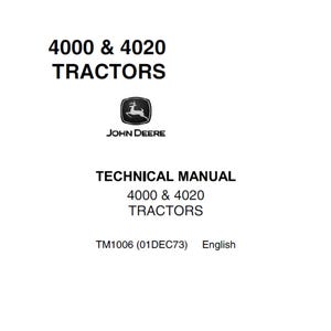 Puede incluir: Portada blanca de un manual técnico para tractores 4000 y 4020. El logotipo de John Deere está centrado debajo del título. También se muestran el título y el número de modelo del manual.