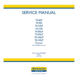 以下が含まれることがあります： 青と黄色のアクセントが付いた白いドキュメントで、「SERVICE MANUAL」というテキストとトラクターのモデル番号のリストが特徴です。 New Holland Agricultureのロゴが一番下にあります。