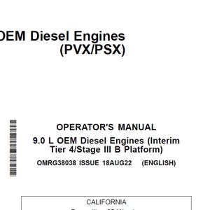 Könnte beinhalten: Weißes Dokument mit der Aufschrift "9.0 L OEM Diesel Engines (PVX/PSX)". Es enthält auch "OPERATOR'S MANUAL" und Motorspezifikationen. Das Dokument ist mit "OMRG38038 ISSUE 18AUG22 (ENGLISH)" gekennzeichnet.