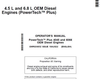 Silniki wysokoprężne John Deere PowerTech 4,5 l 6,8 l OEM 4045 i 6068 Instrukcja obsługi i konserwacji OMRG36852 PDF