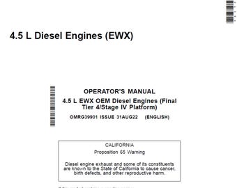 John Deere PowerTech 4.5 L EWX OEM (Final Tier 4 Stage IV Platform) Diesel Engines Maintenance and Operator Manual OMRG39901 PdF