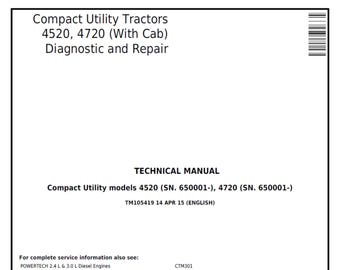 John Deere 4520 4720 With Cab Compact Utility Tractors Diagnostic and Repair Technical Manual TM105419 PDF 1
