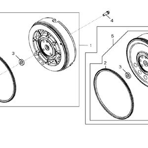 Peut inclure: Diagramme technique de composants mécaniques, dont un volant moteur, une couronne dentée et diverses fixations. L'image est une illustration détaillée en noir et blanc, probablement à des fins d'ingénierie ou de réparation. Les composants sont numérotés.