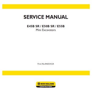 Puede incluir: Documento blanco con el texto "SERVICE MANUAL" y los números de modelo "E45B SR / E50B SR / E55B Mini Excavators" en negro. Barras horizontales amarillas y el logotipo de New Holland Construction.