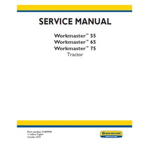 May include: A service manual for Workmaster 55, 65, and 75 tractors. The cover is white with blue and yellow horizontal stripes at the top and bottom. The text "SERVICE MANUAL" is in bold black letters. The New Holland Agriculture logo is in the bottom right corner.