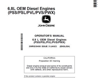 John Deere PowerTech 6.8 L OEM (PSS PSL PvL PvS PwX) Diesel Engines Maintenance and Operator Manual OMRG39499 PdF