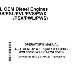 John Deere PowerTech 4.5 L OEM (Pss PsL- PVL PVs PwX PsX PwL Pws) Diesel Engines Maintenance and Operator Manual OMRG39498 PDF