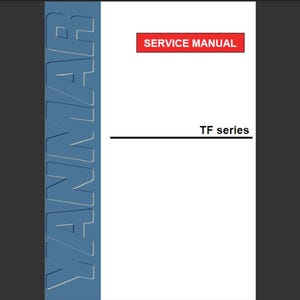 Puede incluir: Un manual de servicio con el texto "SERVICE MANUAL" en un rectángulo rojo. El texto "TF series" está debajo de una línea horizontal. La palabra "YANMAR" está alineada verticalmente a la izquierda.