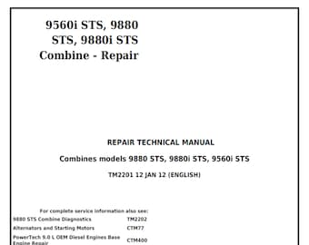 John Deere 9560i STS 9880 STS and 9880i STS Combine Technical Manual TM2201 PdF