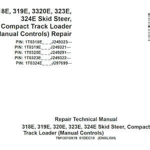Könnte beinhalten: Ein weißes Reparaturhandbuch mit schwarzem Text, das die Reparatur von Kompakt-Kettentransportern und Skid Steer-Modellen 318E, 319E, 320E, 323E und 324E detailliert. Enthält einen Barcode und eine Liste von PIN-Nummern.