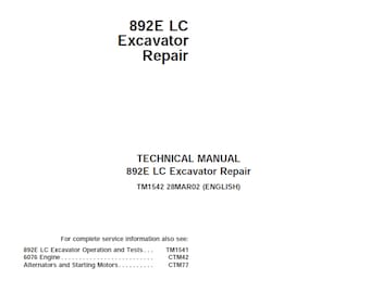 Manual técnico de reparación de la excavadora John Deere 892E LC TM1542 PDF