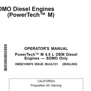 Puede incluir: Documento blanco con el texto "4.5 L SDMO Diesel Engines (PowerTech™ M)". Incluye "OPERATOR'S MANUAL" y detalles sobre los motores diésel PowerTech M 4.5 L OEM. Contiene una advertencia de la Proposición 65 de California.