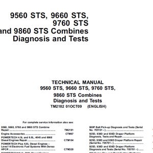 Puede incluir: Un manual técnico blanco titulado "9560 STS, 9660 STS, 9760 STS y 9860 STS Combines Diagnosis and Tests". El manual incluye una lista de información de servicio relacionada.