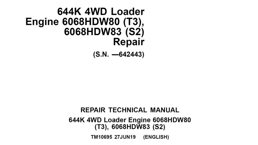 John Deere 644K 4WD Loader Engine 6068HDW80 (T3), 6068HDW83 (S2) Repair ...