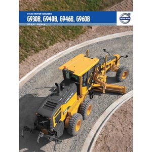 May include: A yellow and black Volvo motor grader on a gravel road. The grader has large tyres and a blade. The image includes the text "G930B, G940B, G946B, G960B" and the Volvo logo.
