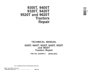 Instrukcja techniczna naprawy ciągnika John Deere 9300T 9400T 9320T 9420T 9520T 9620T TM1782 PDF