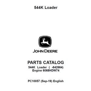 May include: A white parts catalog cover with the text "544K Loader" at the top. The John Deere logo is centered, with the text "PARTS CATALOG" below. The catalog details a 544K Loader and Engine 6068HDW74.