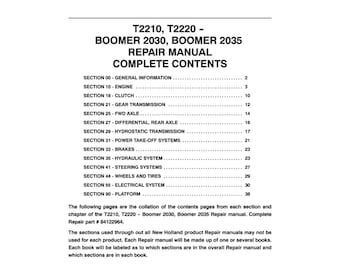 Manual de servicio y taller en PDF para New Holland T2210, T2220, Boomer 2030 y Boomer 2035 (número de pieza 84122964)