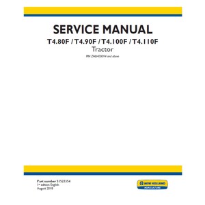 以下が含まれることがあります： 青と黄色のアクセントが付いた白いサービスマニュアル。「SERVICE MANUAL」のタイトルが大きく表示され、T4.80F、T4.90F、T4.100F、T4.110Fトラクターのモデル番号も記載されています。New Holland Agricultureのロゴが見えます。