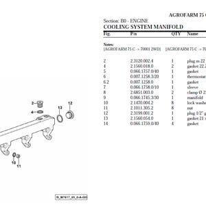 May include: Diagram of an engine cooling system manifold, featuring various components like gaskets, clamps, and a thermostat. The diagram includes measurements and part numbers, with the text "AGROFARM 75 C -> 70001" at the top.