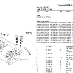 May include: Diagram of an engine cylinder head with various components labeled. Includes a detailed exploded view and a parts list with part numbers and descriptions.